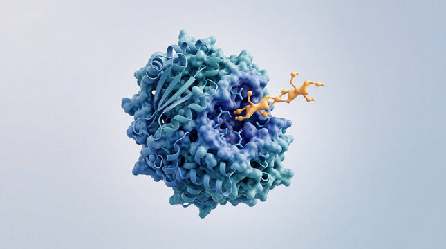 Dynamic molecular embrace revealing the precise connection between a vital blue structure and its golden partner in the microscopic realm