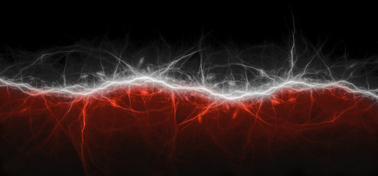 Abstract white and red glowing electric wave banner on black background