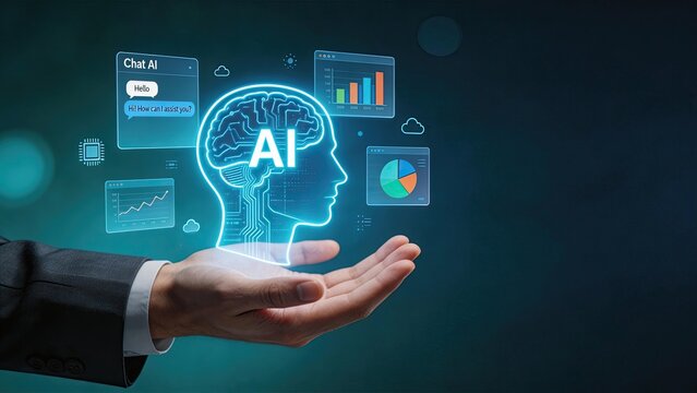 Businessman holding glowing artificial intelligence brain with chatbot interface data analytics and neural network graphics for machine learning and future tech concepts