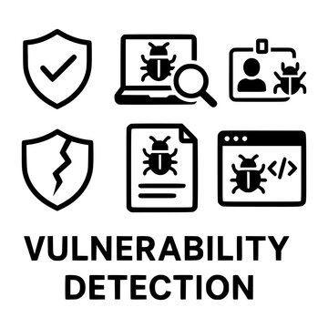 Cybersecurity & Vulnerability - Security focused icons depicting digital threats, bug detection, system protection, and the identification of software vulnerabilities or malware.
