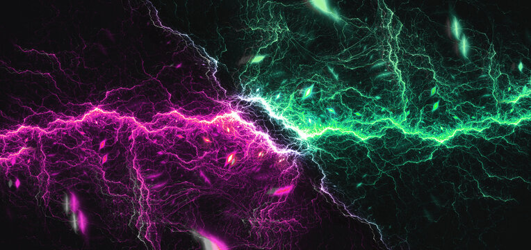 Abstract neon magenta and cyan electric wave on black background
