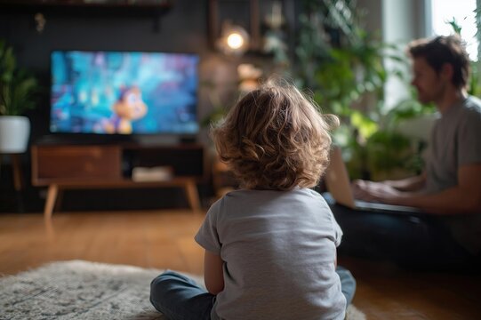 Child watching animated show in cozy living room with plants and adult working on laptop