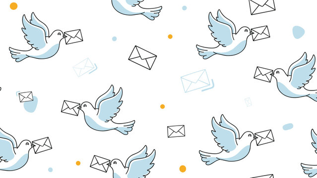 Charming seamless pattern shows carrier pigeons flying with white envelopes on a background with soft dots and shapes.
