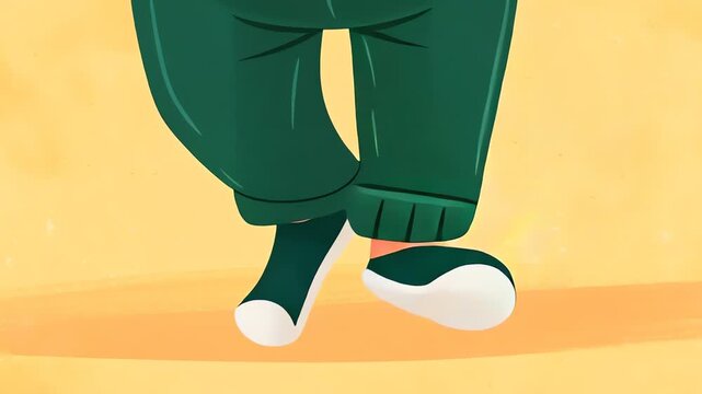 Illustrated legs in green pants stepping casually on yellow.
