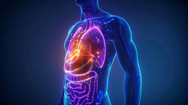 X-ray anterior or front view of human pancreas 3D rendering illustration with male body contours. Anatomy, organ of digestive system, medical, biology, science, healthcare concepts