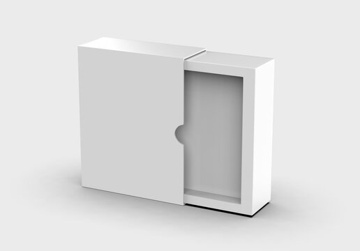White sliding paper packaging box with thumb cut, pull tab cardboard box with thumb notch on grey background.