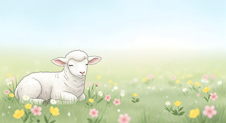 Fototapeta premium A cute white lamb rests peacefully in a vibrant green meadow filled with colorful spring wildflowers under a soft blue sky.