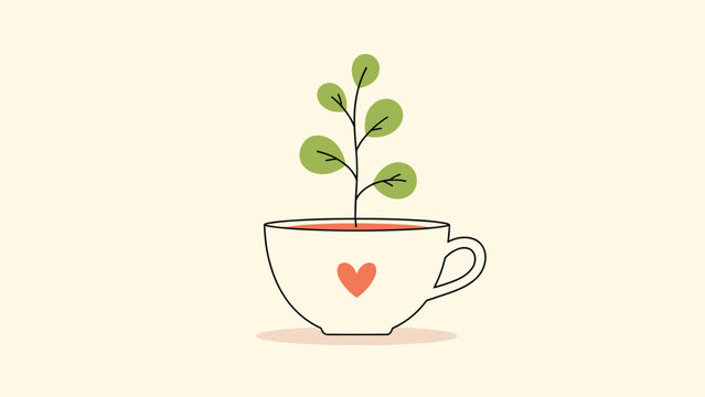 Green plant grows from a cup of coffee or tea decorated with a small red heart symbolizes organic growth and love.