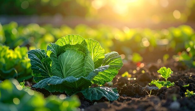 Cabbage patch in warm sunlight