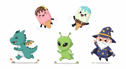 Fototapeta premium Whimsical Cartoon Characters Running and Smiling on White Background.