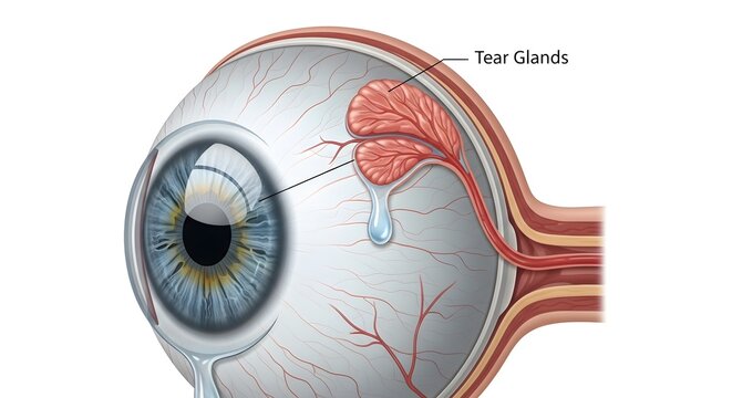 Lateral anatomical illustration of the human eye highlighting the tear glands, or lacrimal glands, positioned above the globe and secreting tears that lubricate, nourish and protect the cornea and con