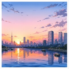 Naklejka premium Serene Anime Cityscape at Sunset - Reflecting Skyscrapers and Tranquil Waterways.