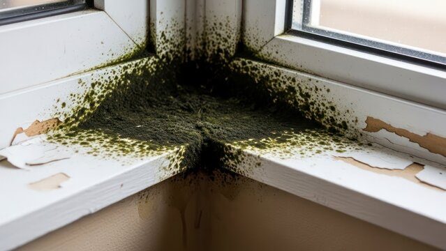 Mold growth on a window sill detail representing potential moisture damage