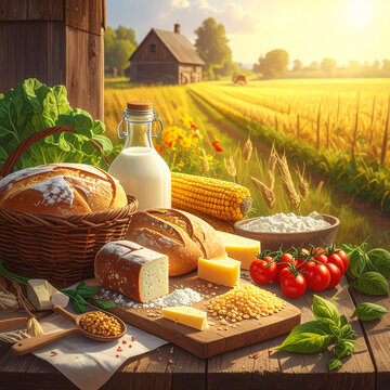 Fresh farm food display with sunny fields