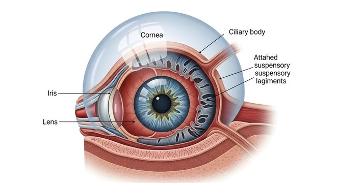 Detailed anterior sectional illustration of the human eye highlighting cornea, iris, lens, ciliary body and attached suspensory ligaments, demonstrating how muscular contraction alters lens curvature 