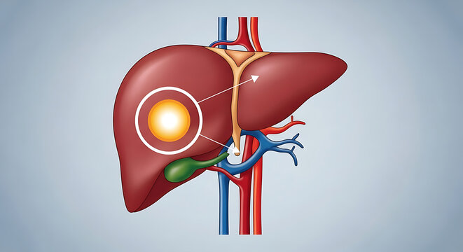 Human liver anatomy with highlighted tumor or cyst showing blood vessels and bile ducts in detail medical illustration