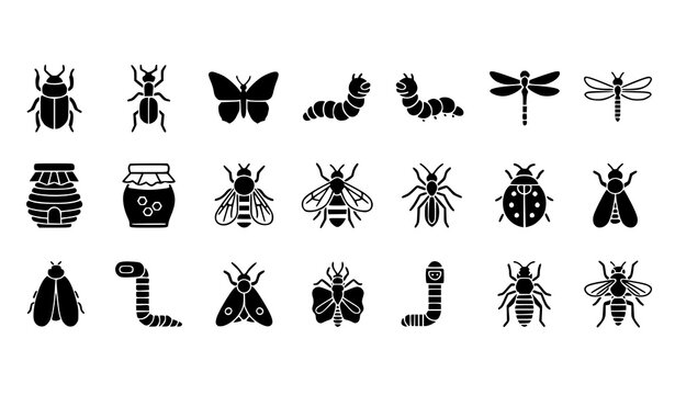 Elegant filled insect icons set with butterfly bee beetle and bug silhouettes premium vector isolated on white