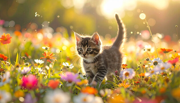 Kitten in a field of colorful flowers