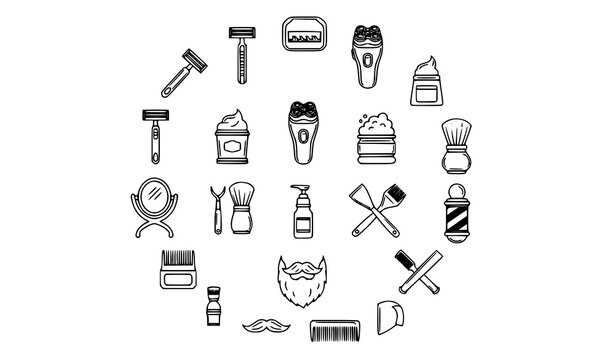 Elegant razor outline icons set with shaving tools and barber grooming symbols premium vector isolated on white