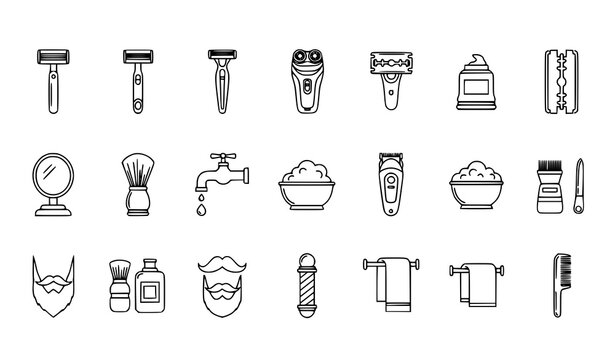 Razor outline icons set with shaving tools grooming and barber symbols minimal vector isolated on white