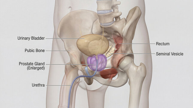 Anatomical clarity unveiling an enlarged Prostate Gland within the male pelvis and its surrounding vital organs