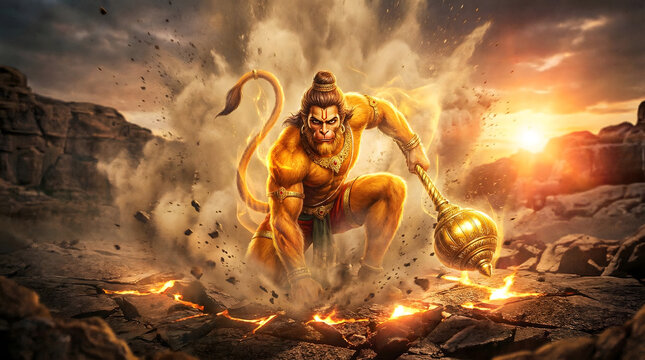 Lord Hanuman warrior illustration in superhero landing pose with gada weapon symbolizing strength protection and divine power background wallpaper