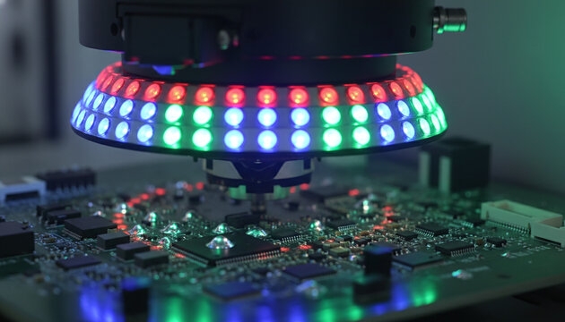 Automated optical inspection AOI machine illuminating circuit board with RGB dome light
