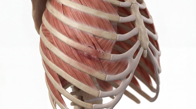Intricate anatomical rendering of the human rib cage and deep intercostal muscles revealing a painful tearing injury