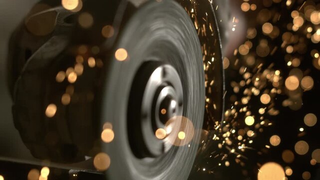 A clear view of a metal grinding wheel in action. Sparks are flying as the wheel sharpens and shapes the metal piece. This process shows the energy and precision of metalworking.