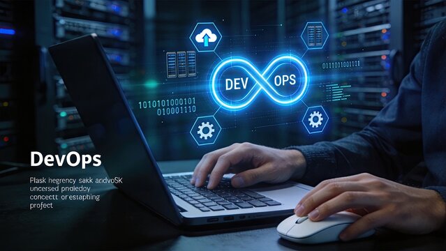 DevOps concept with glowing infinity loop binary code and server icons in modern data center software engineer hands typing on laptop cloud computing continuous integration IT