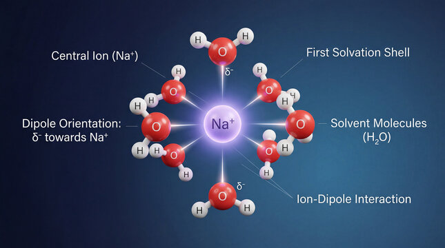 Vibrant atomic ballet portraying the meticulous hydration of a sodium ion within its first solvation shell