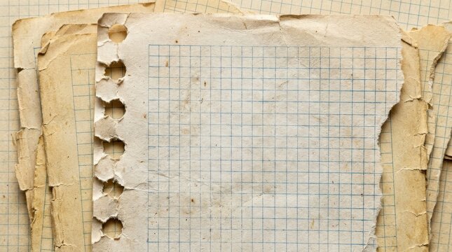 Torn graph-paper sheets with binder holes along the margin, notebook page texture set in off-white light beige and old yellow, vertical stationery backgrounds, photorealistic paper realism,no logos