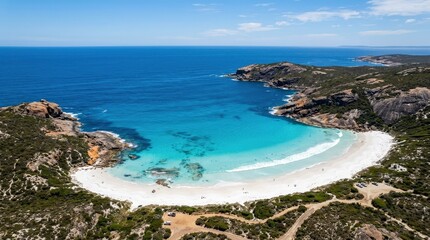 Fototapeta premium Aerial summer view above Thistle Cove at Cape Le Grand, bright beach, transparent shallows, and layered blue ocean stretching into the horizon, rugged coastal terrain under clear sun, photorealistic
