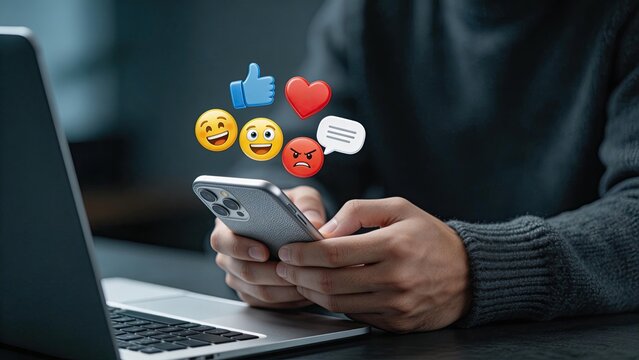 Man holding smartphone with floating social media reaction icons including like love angry face smiley and comment bubble above device screen for digital marketing concept