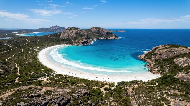 Aerial view of Hellfire Bay in Cape Le Grand near Esperance, crescent beach wrapped by rocky headlands, glowing turquoise water and pristine sand under strong summer light, photorealistic drone