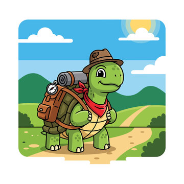 Turtle wearing hat and backpack standing.