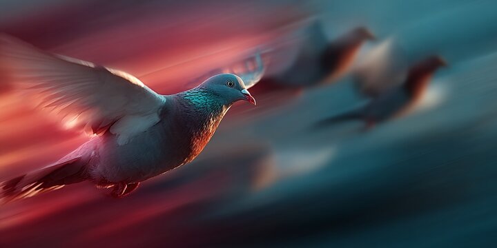 Two birds flying swiftly across a vibrant sunset sky with blurred motion