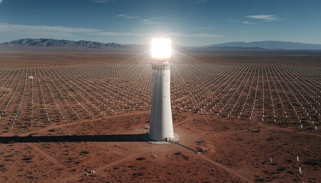 Concentrated Solar Power CSP tower receiver glowing hot with molten salt