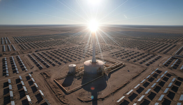 Concentrated Solar Power CSP tower receiver glowing hot with molten salt