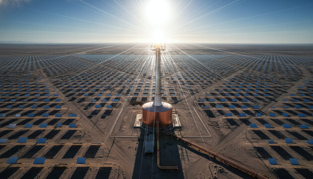 Concentrated Solar Power CSP tower receiver glowing hot with molten salt