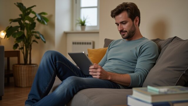 Man lounges comfortably reading on tablet, living room setting, casual style.