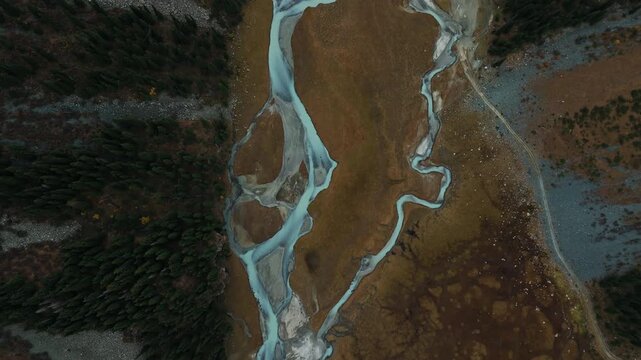 Braided River Delta in Mountain Valley Kyrgyzstan Aerial
