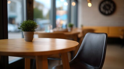 Fototapeta premium Minimalist cafe interior with a wooden table potted plant and dark chair set in a calm inviting atmosphere