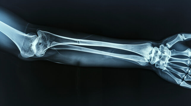 X-ray of human right elbow joint. No significant skeletal abnormality detected