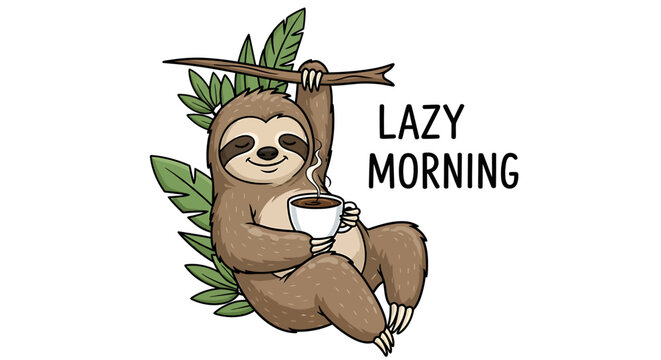 Sloth hanging from branch with coffee.