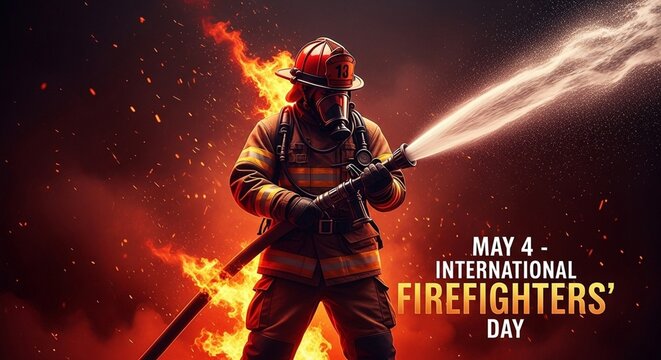 Heroic firefighter in full gear spraying water against blazing flames, symbolizing courage, sacrifice, and dedication on International Firefighters&rsquo; Day.