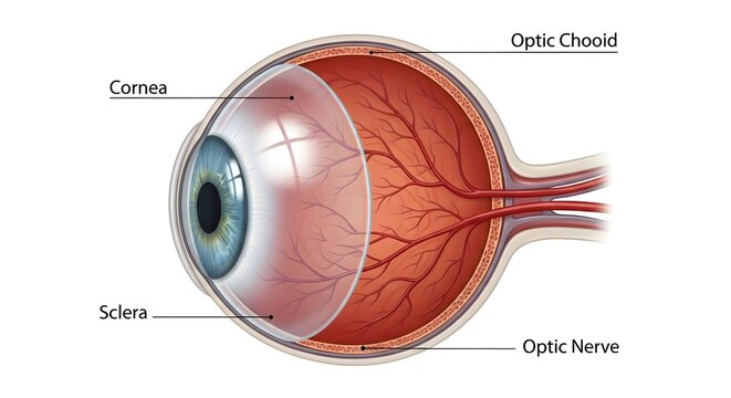 Detailed sagittal anatomical illustration of the human eye emphasizing sclera, cornea, choroid and optic nerve, presenting the outer protective coats and vascular layer that surround the globe and tra