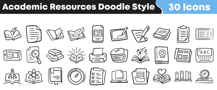A comprehensive collection of hand-drawn academic resources and learning icons in a charming doodle style, perfect for education and study materials.