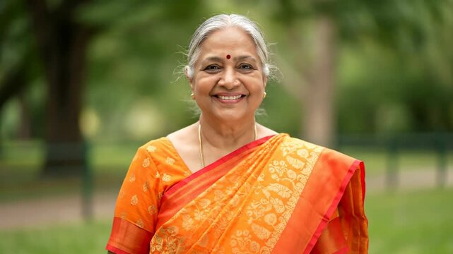 Happy senior indian woman with grey hair smiling in a traditional orange sari. Cheerful elderly female posing for a portrait outdoors in a park. Panoramic web banner