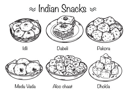 Set of hand drawn Indian snacks outline drawing illustration